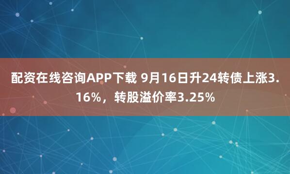 配资在线咨询APP下载 9月16日升24转债上涨3.16%，转股溢价率3.25%